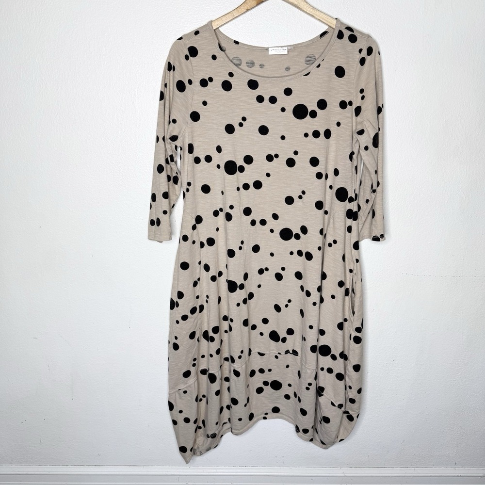 Prairie Cotton Beige Black Polkadot Tulip Dress Pockets Lagenlook Women's Small